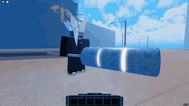 a screenshot of a video game shows a person holding a blue object with the word lyc on it