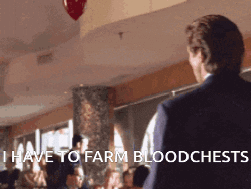 a man in a suit stands in front of a crowd of people and says " i have to farm blood chests "