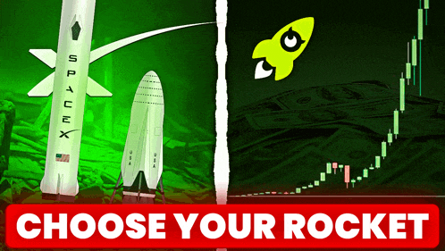 a space x rocket is next to a rocket that is flying over a pile of money