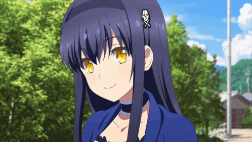 a girl with long dark hair has a skull and crossbones earring