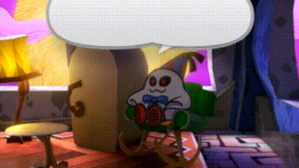 a cartoon character is sitting in a chair with a speech bubble above him .