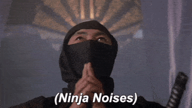 a man wearing a ninja mask says " ninja noises "