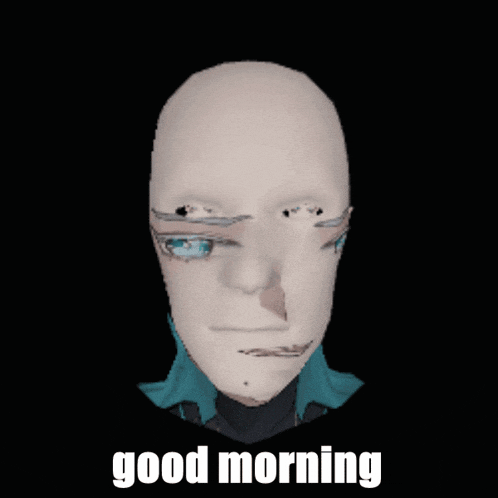 a man 's head with a blue scarf around his neck and the words good morning below it