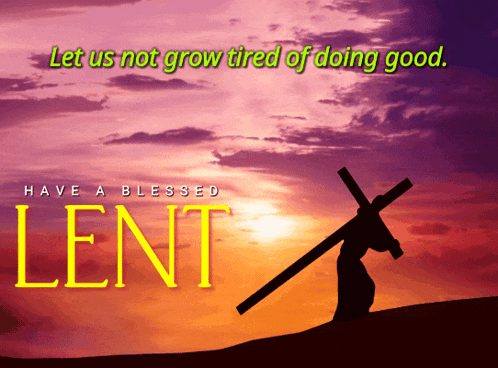 a picture of jesus carrying a cross with the words " let us not grow tired of doing good " above it
