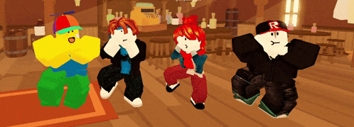 a group of roblox characters standing in a room with one wearing a red hat with the letter r on it
