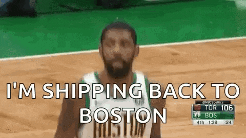 a basketball player is standing on a basketball court and saying `` i 'm shipping back to boston ''