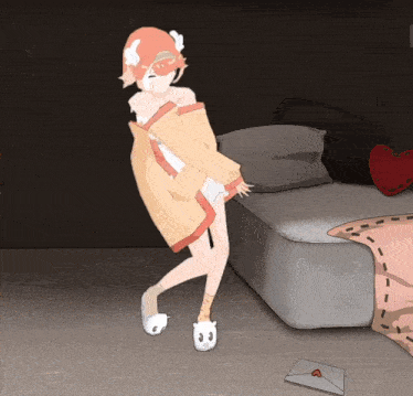 a drawing of a girl standing next to a bed with an envelope that has a heart on it