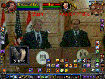 two men sitting at a podium in a video game with bush and maliki behind them