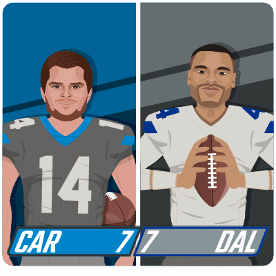 a cartoon drawing of two football players with the numbers 14 and 7
