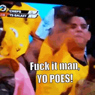 a man in a yellow shirt with the words " fuck it man yo poes " on the bottom