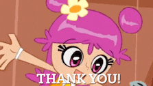 a cartoon girl with pink hair and a yellow flower in her hair says thank you