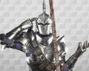 a knight in armor is holding a sword and a spear .