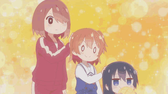 three anime girls are standing next to each other and one of them is petting another girl 's head
