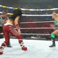 two women are wrestling in a ring with a referee