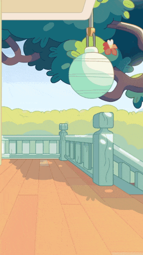a cartoon drawing of a balcony with a light hanging from the ceiling