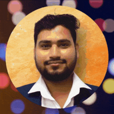 a man with a beard and a white shirt is in a circle with a blurred background