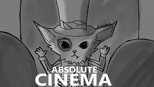 a black and white drawing of a cat wearing a top hat with absolute cinema written below it