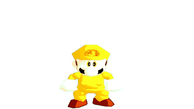 a cartoon character wearing a yellow hat with the letter e on it