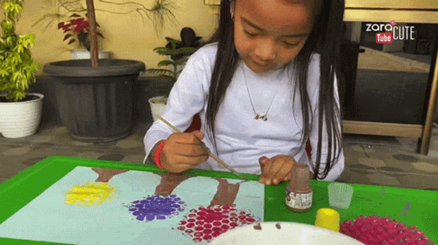 a little girl is painting on a piece of paper with a bottle of paint in the foreground