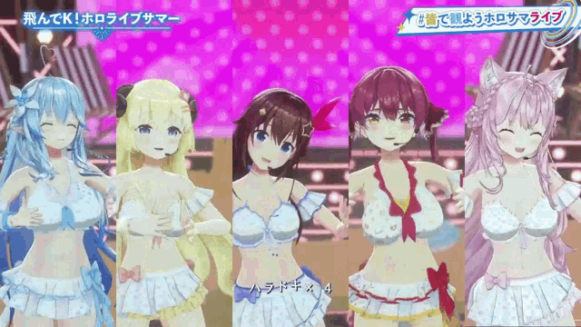 a group of anime girls standing next to each other on a pink background