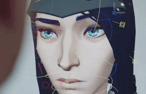 a computer generated image of a person 's face with blue eyes