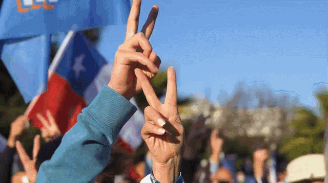 a person giving a peace sign in front of a crowd