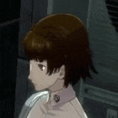 a close up of a person 's face in a video game with brown hair and red eyes .