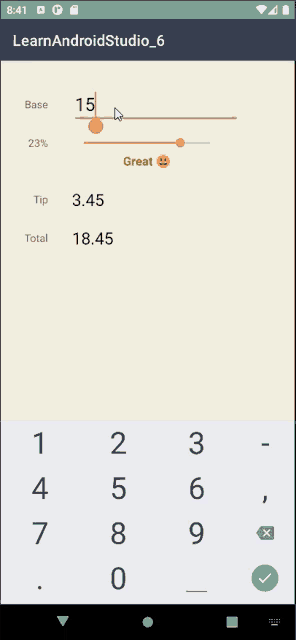 a screenshot of a calculator app that says learnandroidstudio 6