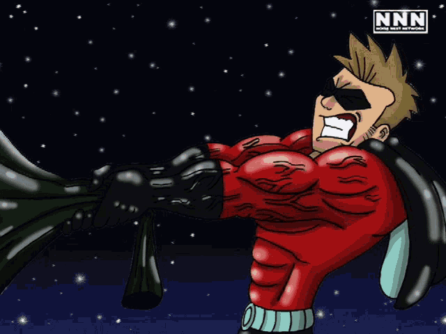 a cartoon of a man in a red superhero costume with the letters nn on the bottom right