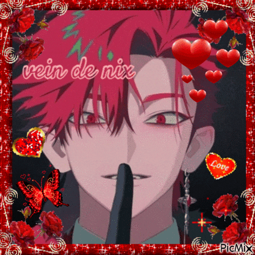 a picture of a man with red hair is surrounded by red hearts and roses