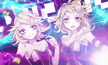 two anime girls are standing next to each other in a purple background