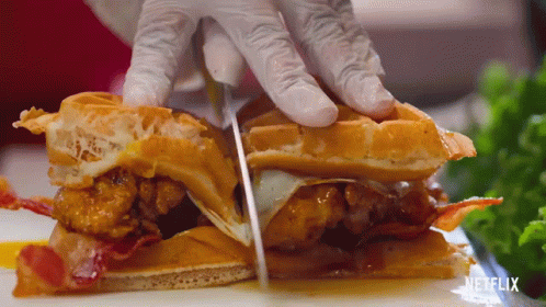 Cutting Waffle Burger Fresh Fried Crispy GIF - Cutting Waffle Burger Fresh Fried Crispy Split The Food GIFs
