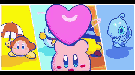 a cartoon drawing of kirby holding a pink heart on top of his head
