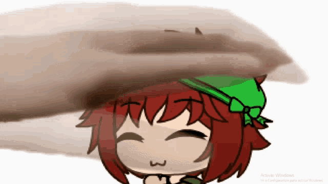 a cartoon of a girl with red hair and a green hat is being touched by a hand