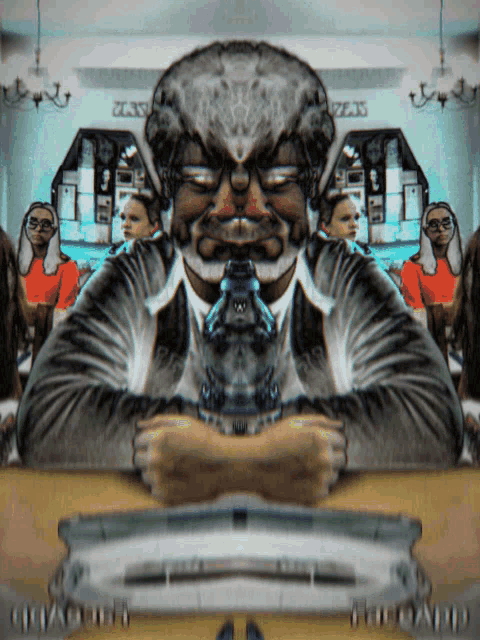 a man sitting at a table with a bottle of water