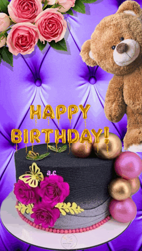 a teddy bear sits next to a birthday cake with the words happy birthday written on it