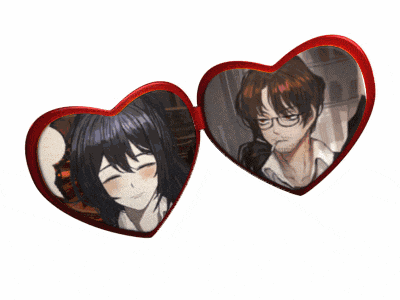 a pair of heart shaped glasses with a man and a woman inside of them
