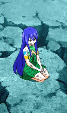 a girl with blue hair is sitting on a rock with a crack in the ground behind her