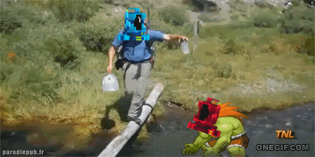 a cartoon of a man walking across a bridge with a tnl watermark