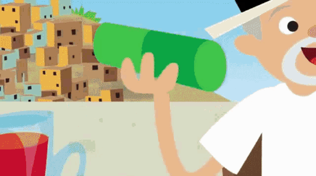 a cartoon of a man drinking from a green cylinder