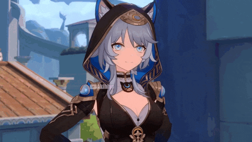 a girl with a cat ear hood is standing in front of a building in a video game