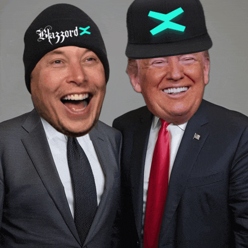 a man wearing a hat that says razzord stands next to a man wearing a suit