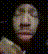 a close up of a person 's face on a black background with a lot of dots .