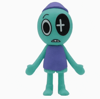 a green toy with a purple hat and a black eye with a cross on it