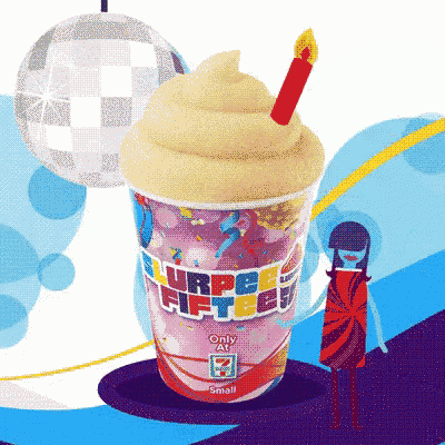 a cup of ice cream with a candle on top that says " surprise fifteen " on it