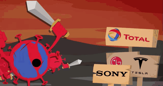 a cartoon of a virus holding a sword in front of signs for sony tesla and total