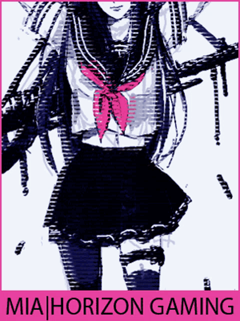a poster for mia horizon gaming shows a girl in a school uniform holding a gun