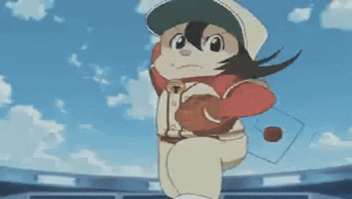 a girl in a baseball uniform is jumping in the air while wearing a hat