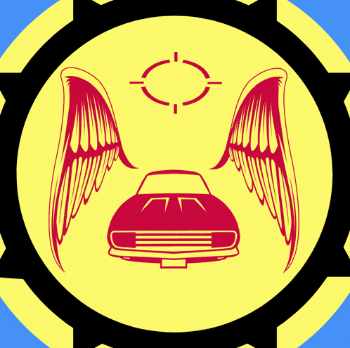 a yellow circle with red wings and a car in the center
