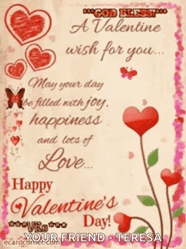 a valentine 's day card with hearts and flowers and the name teresa